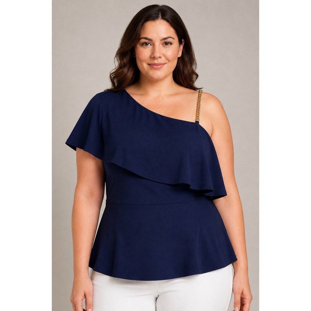 MICHAEL Michael Kors Women's L Navy One Shoulder Ruffle Gold Chain Top #8